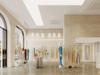 Elegant Modern Women's Clothing Store With Mannequins Hanging Apparel And Display Racks 3d model