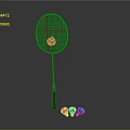 Black And Red Badminton Racket Standing With Five Yellow Shuttlecocks Nearby 3d model