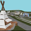 Garden Landscape Featuring Teepee Like Structures Wooden Platforms Curved Pathways Green Lawns And Distant Pavilions