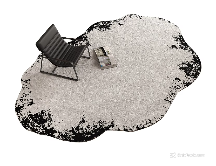 Irregular Shaped Light Colored Rug With Black Edges And Accent Chair In Living Room 3d model 