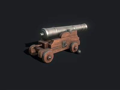 Vintage Historical Cannon Weapon with Wooden Carriage Metal Barrel and Wheels 3d model