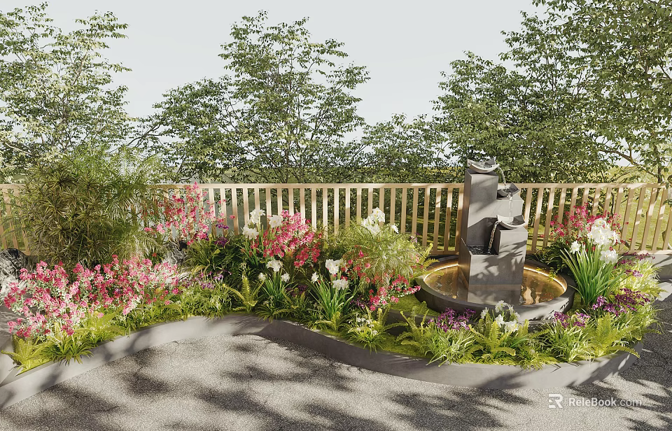 Garden Ornament With Central Fountain Surrounded By Colorful Flowers And Lush Green Plants 3d model 