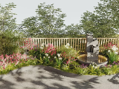 Garden Ornament With Central Fountain Surrounded By Colorful Flowers And Lush Green Plants 3d model
