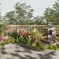 Garden Ornament With Central Fountain Surrounded By Colorful Flowers And Lush Green Plants