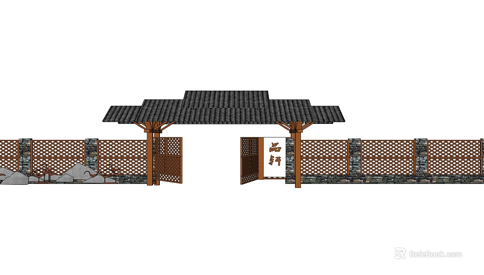 Chinese Style Entrance Gate Featuring Black Tiled Roof Wooden Structure And Stone Base Fences 3d model 
