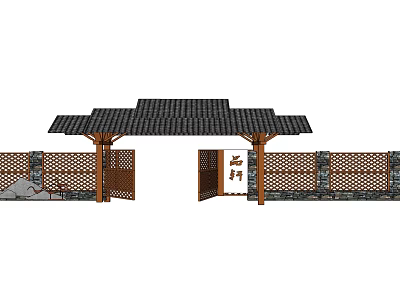 Chinese Style Entrance Gate Featuring Black Tiled Roof Wooden Structure And Stone Base Fences 3d model