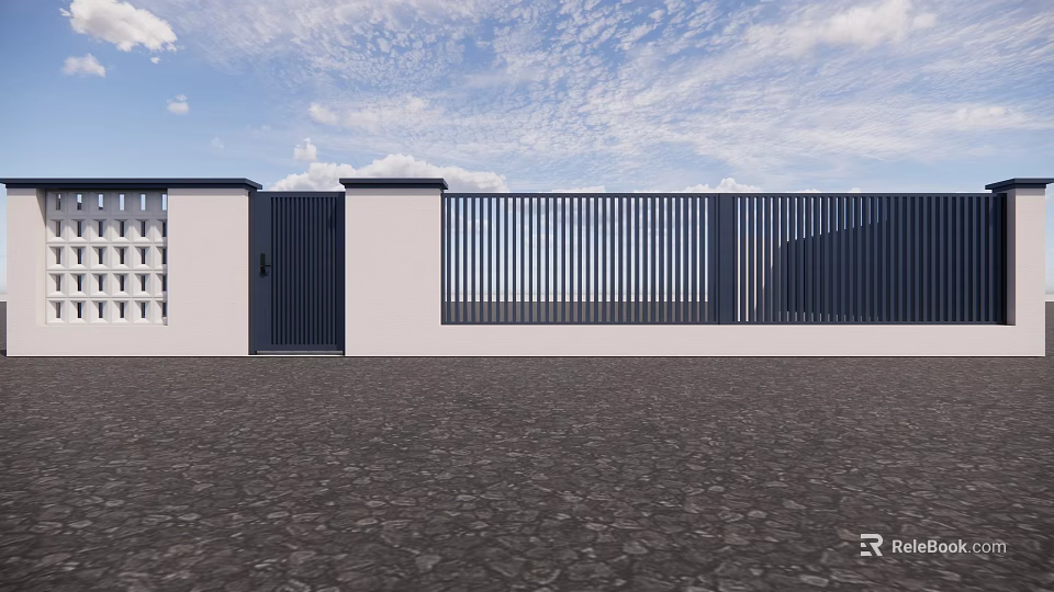 Modern Black Entrance Gate With Metal Fence White Wall And Gravel Ground 3d model 