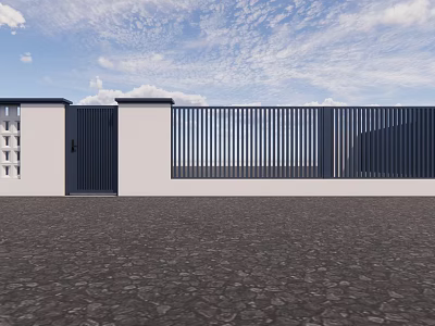 Modern Black Entrance Gate With Metal Fence White Wall And Gravel Ground 3d model