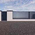 Modern Black Entrance Gate With Metal Fence White Wall And Gravel Ground