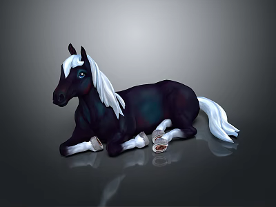 Black Horse With White Mane Tail And Legs Lying On Gray Background 3d model Black Horse With White Mane Tail And Legs Lying On Gray Background 3d model