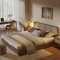 Modern Bedroom Interior With Wicker Headboard Desk Table Lamp Curtains Rug And Wall Painting