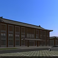 Chinese Style Office Building With Traditional Roof Brown Exterior Parking Lot Car And Blue Sky