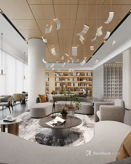 Modern Hotel Lobby Interior With Stylish Chandeliers Sofa Area Bookshelves And Green Plants 3d model 
