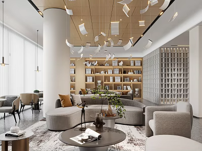 Modern Hotel Lobby Interior With Stylish Chandeliers Sofa Area Bookshelves And Green Plants 3d model