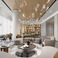 Modern Hotel Lobby Interior With Stylish Chandeliers Sofa Area Bookshelves And Green Plants