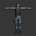 Military Tactical Character In Blue Uniform With Black Vest Helmet And Outstretched Arms