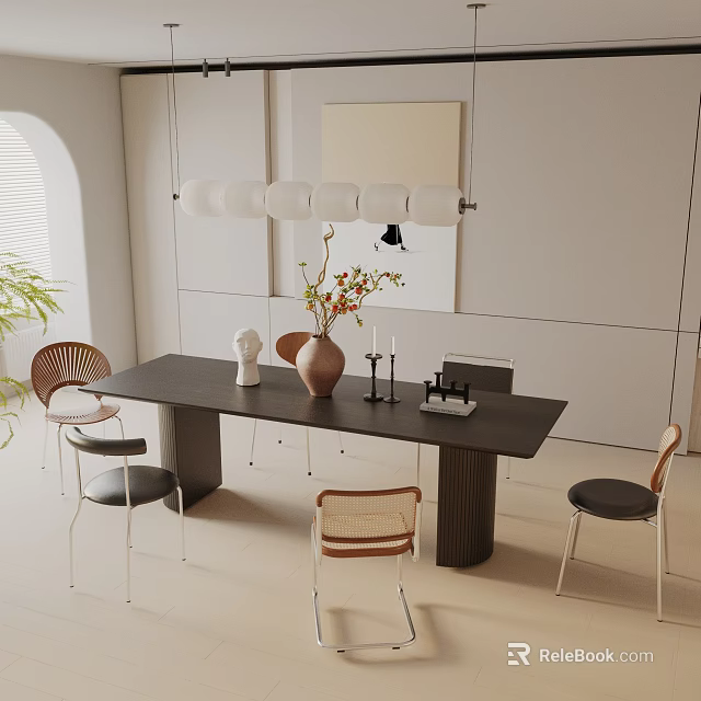 Modern Minimalist Dining Table Set With Mixed Design Chairs Decorative Vase And Pendant Light 3d model 