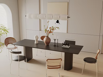 Modern Minimalist Dining Table Set With Mixed Design Chairs Decorative Vase And Pendant Light 3d model