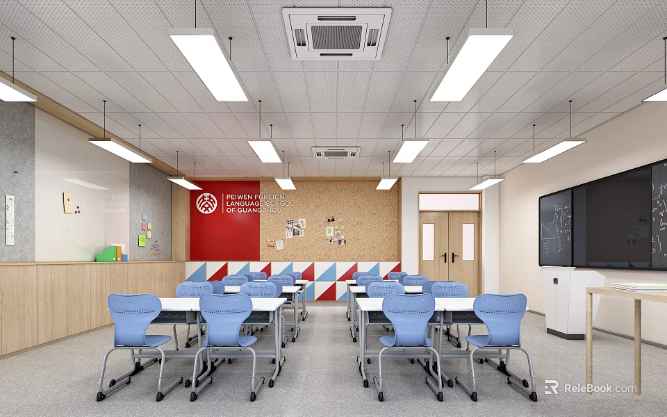 School Classroom Interior With Blue Chairs White Desks Red Wall Blackboard Storage Cabinets And Lighting 3d model 