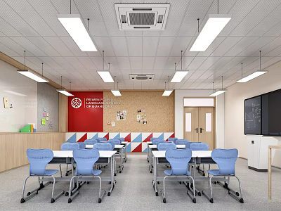 School Classroom Interior With Blue Chairs White Desks Red Wall Blackboard Storage Cabinets And Lighting 3d model