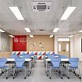 School Classroom Interior With Blue Chairs White Desks Red Wall Blackboard Storage Cabinets And Lighting