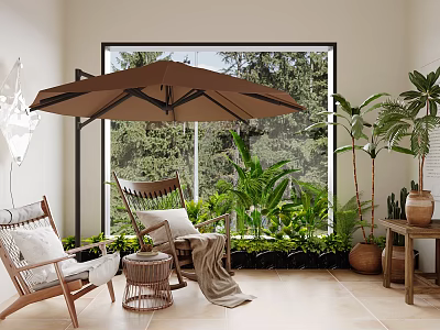 Cozy Home Balcony With Brown Umbrella Wicker Chairs White Cushions Green Plants And Terracotta Pots 3d model
