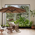 Cozy Home Balcony With Brown Umbrella Wicker Chairs White Cushions Green Plants And Terracotta Pots