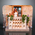 Decorative Balcony Structure With Arch Patterns And Potted Flowers By Brick Window
