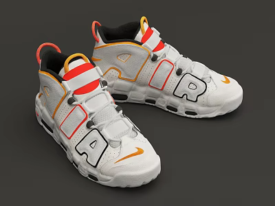 White Athletic Shoes With Red Yellow Accents Strap Design And AIR Logo 3d model White Athletic Shoes With Red Yellow Accents Strap Design And AIR Logo 3d model