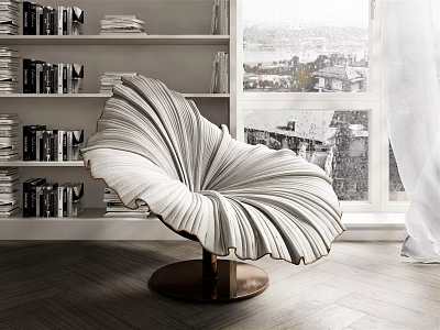 Modern Elegant Accent Chair With Pleated White Design Metal Base By Window And Bookshelves 3d model