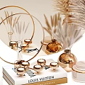 Decorative Ornament Set with Circular Mirror Golden Accents Pampas Grass Vases and Small Decorative Cups