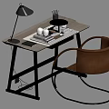 Modern Desk With Wooden Top Metal Frame Table Lamp Stationery And Chair