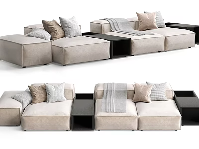 Modern Light Toned Multi Person Sofa With Modular Design Cushions Throw Blanket And Side Tables 3d model