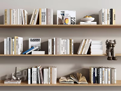 Books And Magazines On Wooden Bookshelf With Decorative Figurine Fruit Bowl And Open Book 3d model