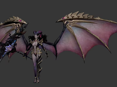 Game and Movie Character Female with Large Decorative Wings Golden Accents and Purple Pink Hues Ornate Armor 3d model