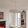 Modern White Circular Chandelier in Elegant Living Room Interior with Fireplace Mirror and Decorative Painting