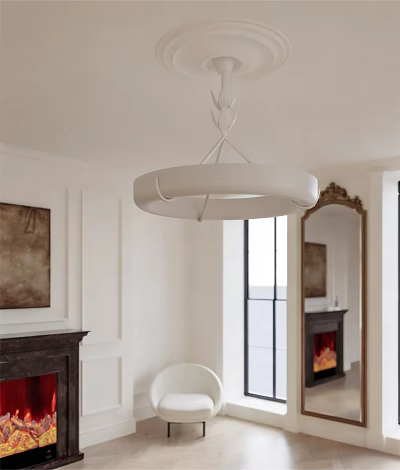 Modern White Circular Chandelier in Elegant Living Room Interior with Fireplace Mirror and Decorative Painting 3d model