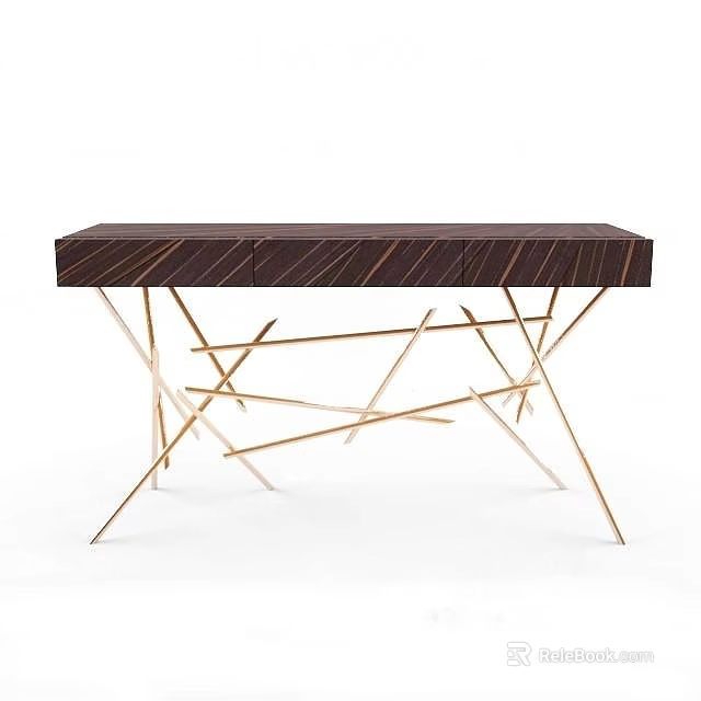 Modern Console Table With Dark Textured Top And Golden Intersecting Legs Design 3d model 