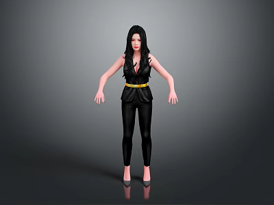Game Movie Female Character With Long Black Hair Black Jumpsuit Yellow Belt And High Heels 3d model