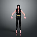 Game Movie Female Character With Long Black Hair Black Jumpsuit Yellow Belt And High Heels