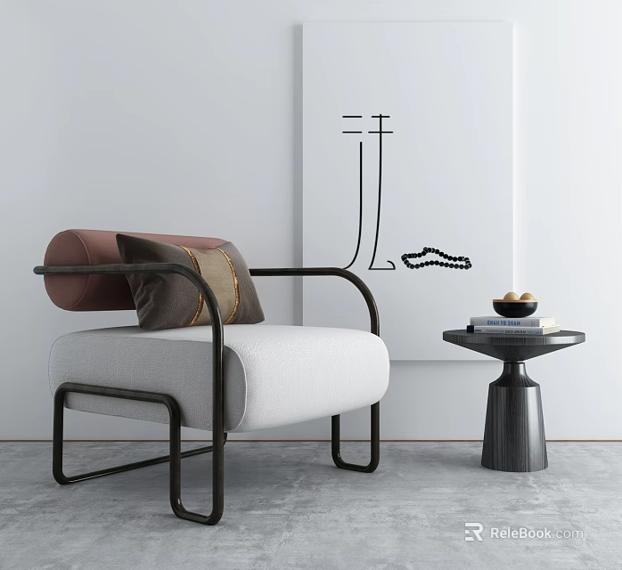 Modern Single Sofa with White Upholstery Brown Backrest Decorative Pillow and Side Table 3d model