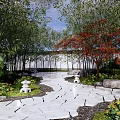 Tranquil Residential Landscape With Bamboo Grove Red Maple Tree Stone Path And White Wall