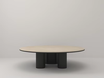 Round Modern Coffee Table With Light Wooden Top And Black Cylindrical Legs 3d model