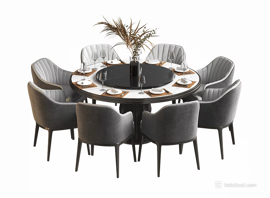 Modern Round Dining Table Set With Grey Chairs And Black Tabletop 3d model