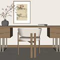Wooden Desk With Metal Legs And White Chair Set Featuring Vase And Framed Painting