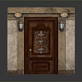 Classic Wooden Door With Ornate Carved Design And Stone Pillars Featuring Lintel And Wall Lamps