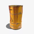 Yellow Industrial Radioactive Waste Container with Warning Signs and Skull Symbol