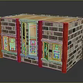 Cartoon Scene of a Brick House with Red Pillars Wooden Doors and Windows