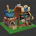 Cartoon Scene Featuring Cozy Shop Cheese Roof Blue Mug With Cream Striped Straw Little Figure