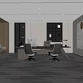 Modern Office Interior Design With Wooden Desk Two Chairs Bookshelves Computer Gray Carpet And Sofa